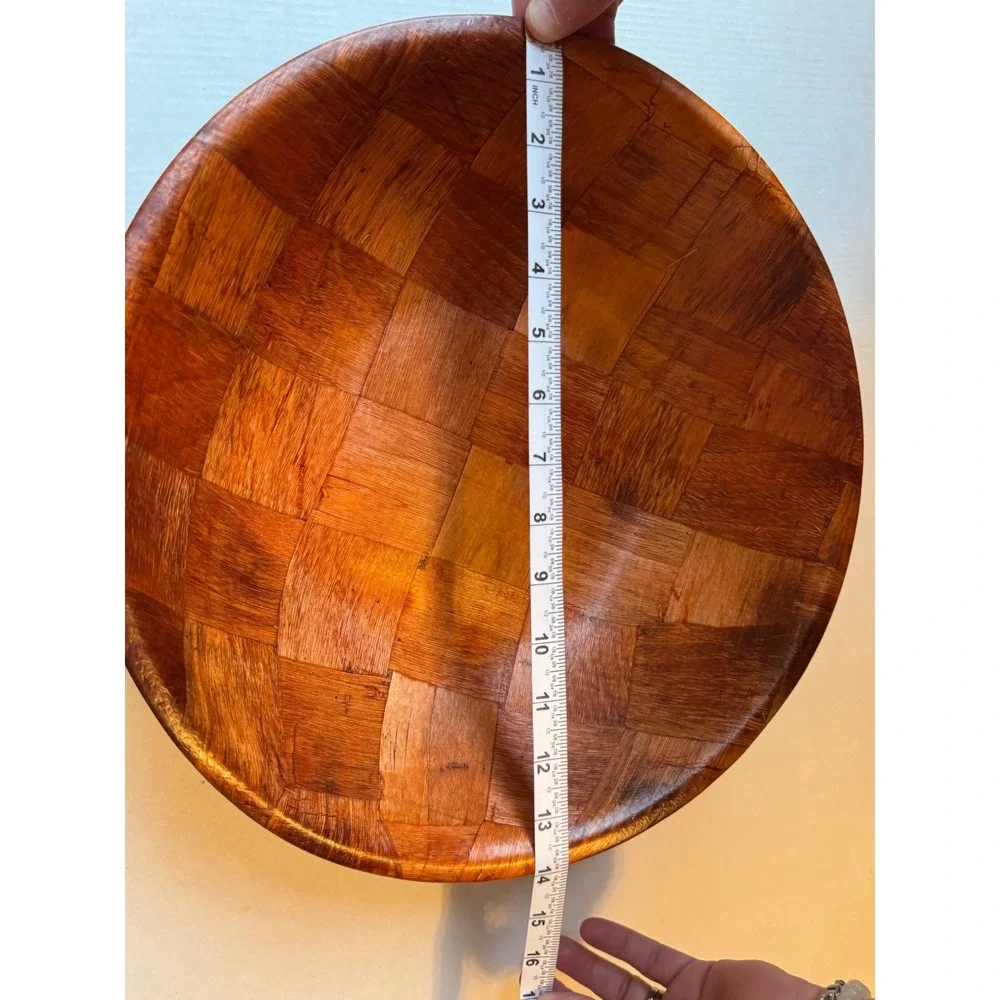Vintage Large Woven Wood Salad Bowl 14 Inch Mid Century Serving Bowl Brown